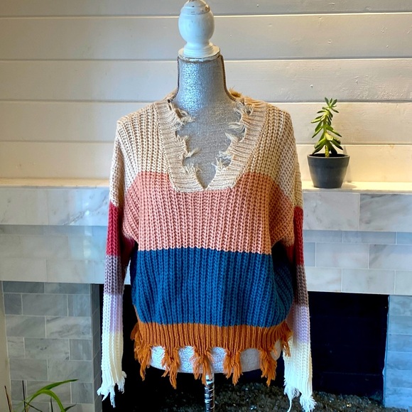 On the Road Distressed Color Block V-Neck Sweater Size S/M - Picture 2 of 16
